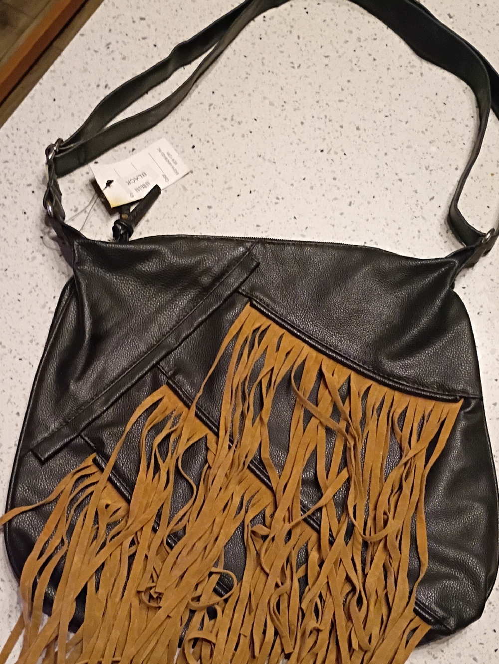 Fringed Black Shoulder Bag with Tan Accents